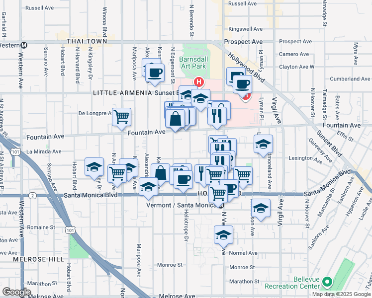 map of restaurants, bars, coffee shops, grocery stores, and more near 4829 Lexington Avenue in Los Angeles
