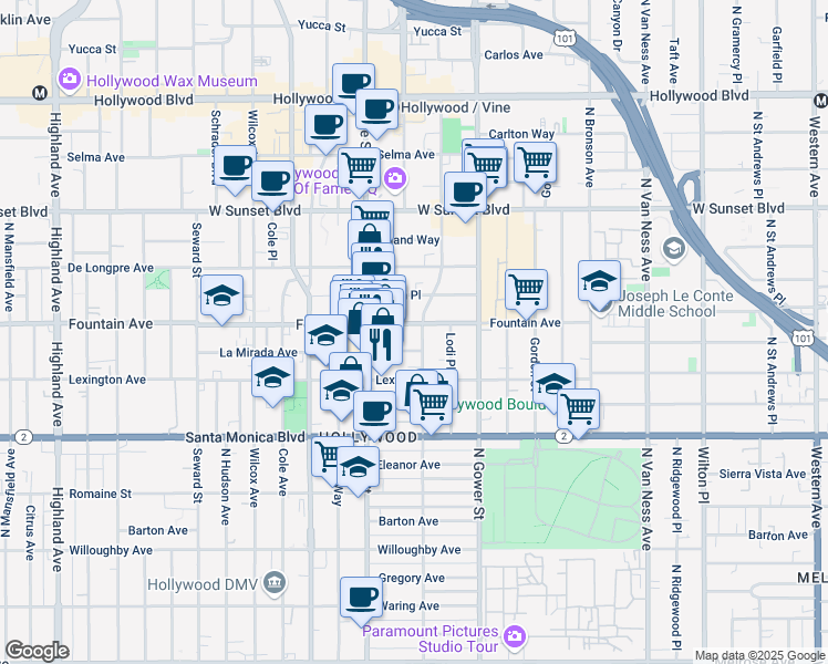 map of restaurants, bars, coffee shops, grocery stores, and more near 6206 Fountain Avenue in Los Angeles