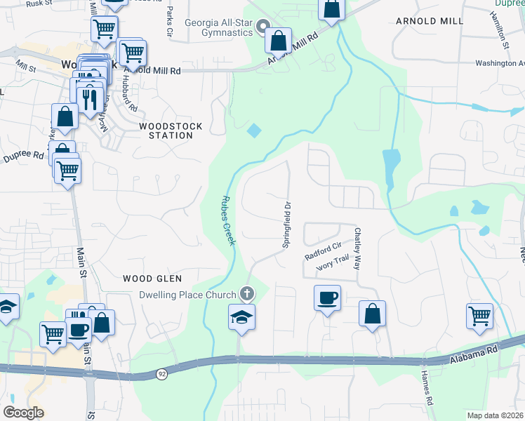 map of restaurants, bars, coffee shops, grocery stores, and more near 310 Winchester Way in Woodstock