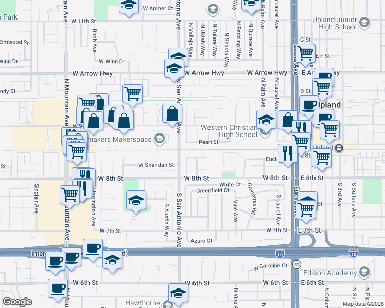 map of restaurants, bars, coffee shops, grocery stores, and more near 711 Moonstone Court in Upland