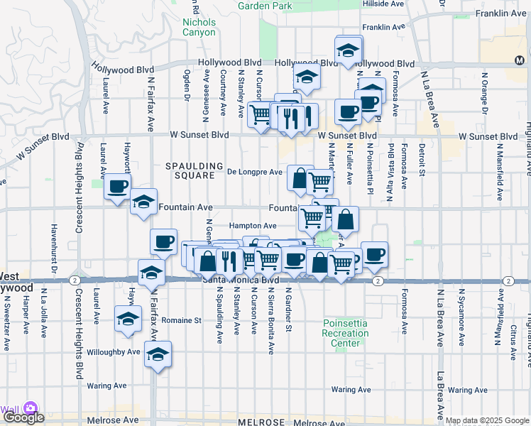 map of restaurants, bars, coffee shops, grocery stores, and more near 7550 Fountain Avenue in West Hollywood