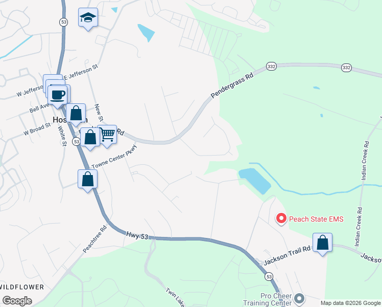 map of restaurants, bars, coffee shops, grocery stores, and more near 90 Joshua Way in Hoschton