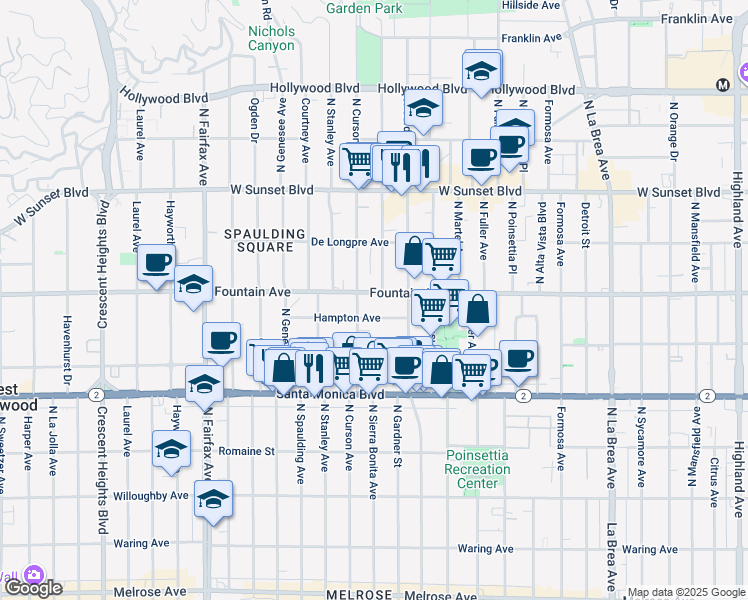 map of restaurants, bars, coffee shops, grocery stores, and more near 7540 Fountain Avenue in West Hollywood