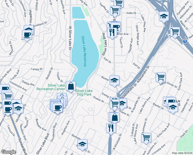 map of restaurants, bars, coffee shops, grocery stores, and more near 2016 Rockford Road in Los Angeles