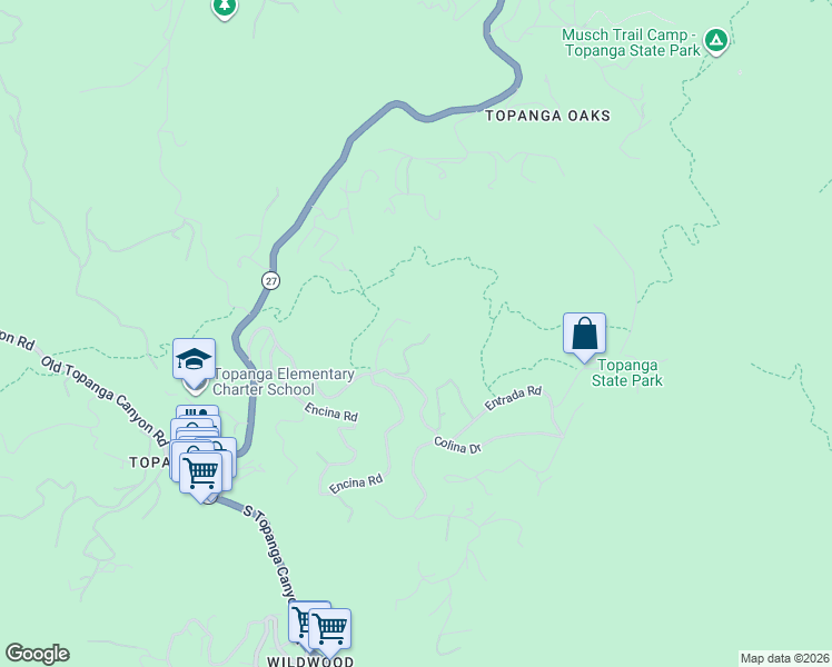 map of restaurants, bars, coffee shops, grocery stores, and more near 21273 Entrada Road in Topanga