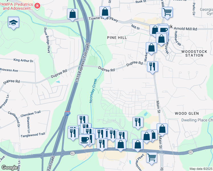 map of restaurants, bars, coffee shops, grocery stores, and more near 163 Creekwood Drive in Woodstock