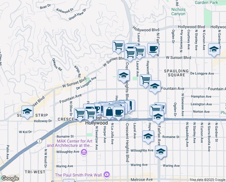 map of restaurants, bars, coffee shops, grocery stores, and more near 8210 Fountain Avenue in West Hollywood