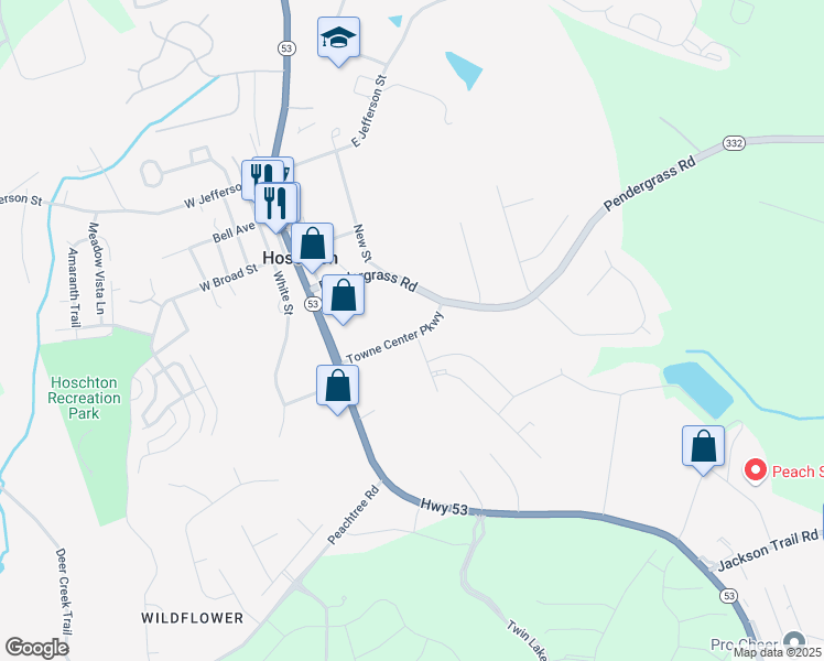 map of restaurants, bars, coffee shops, grocery stores, and more near 181 Towne Center Parkway in Hoschton