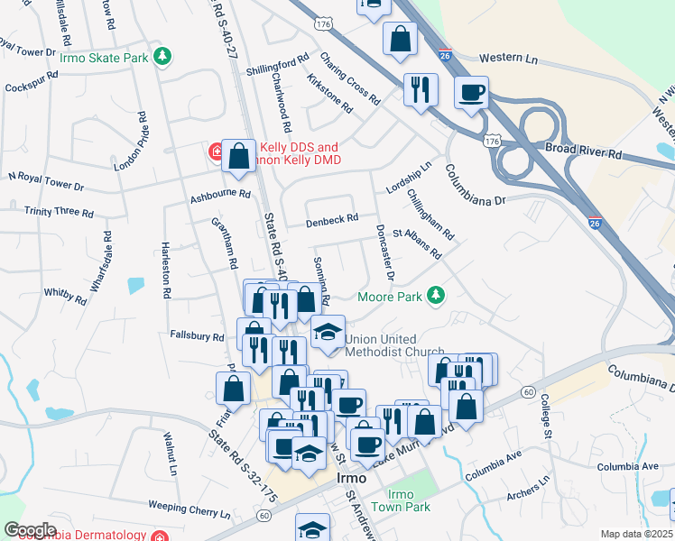 map of restaurants, bars, coffee shops, grocery stores, and more near 118 Saint Albans Court in Irmo