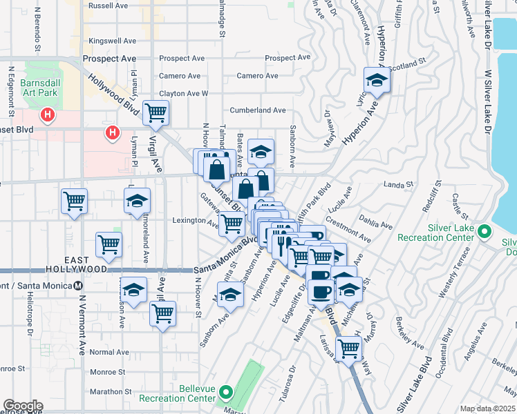 map of restaurants, bars, coffee shops, grocery stores, and more near Manzanita Street in Los Angeles