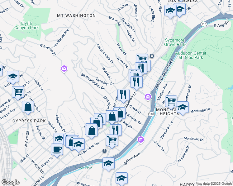 map of restaurants, bars, coffee shops, grocery stores, and more near 208 Mount Washington Drive in Los Angeles