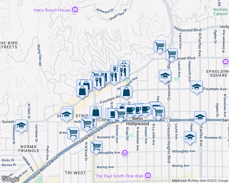 map of restaurants, bars, coffee shops, grocery stores, and more near 8420 Sunset Boulevard in West Hollywood