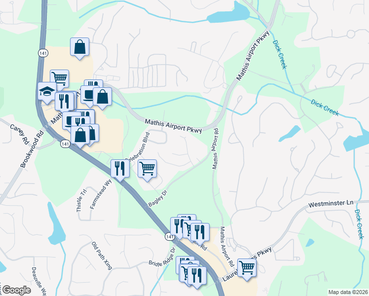 map of restaurants, bars, coffee shops, grocery stores, and more near 425 Morning Dove Lane in Suwanee