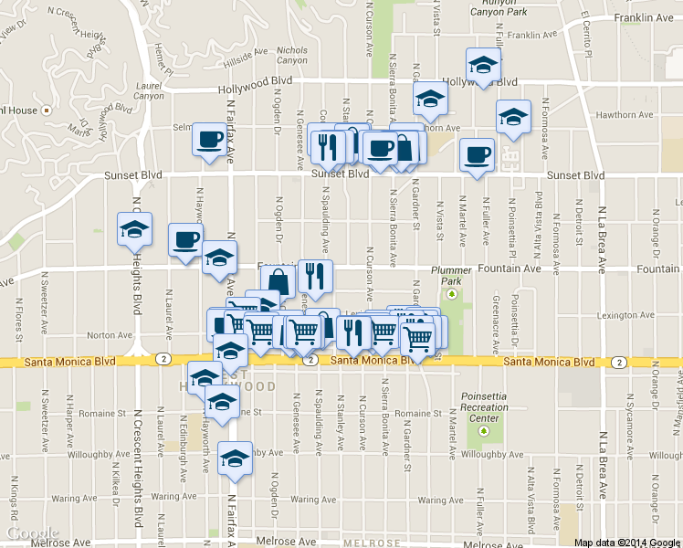 map of restaurants, bars, coffee shops, grocery stores, and more near 7656 Fountain Avenue in West Hollywood