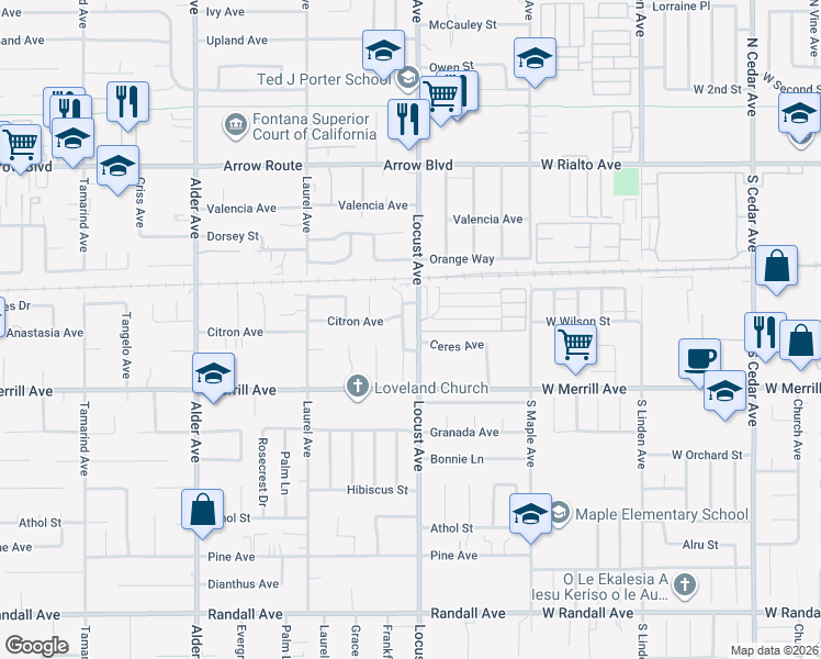 map of restaurants, bars, coffee shops, grocery stores, and more near 8795 Frankfort Street in Fontana