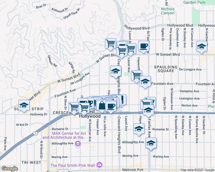 map of restaurants, bars, coffee shops, grocery stores, and more near 1253 Havenhurst Drive in West Hollywood