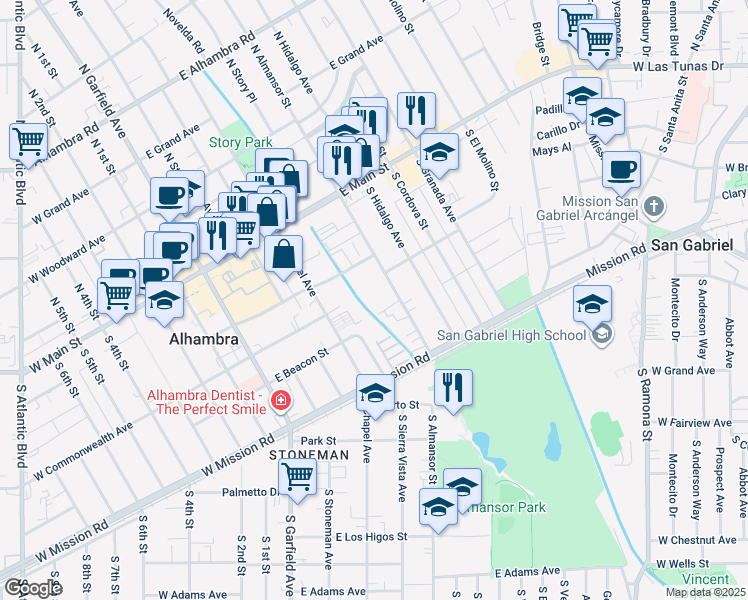 map of restaurants, bars, coffee shops, grocery stores, and more near 317 South Almansor Street in Alhambra