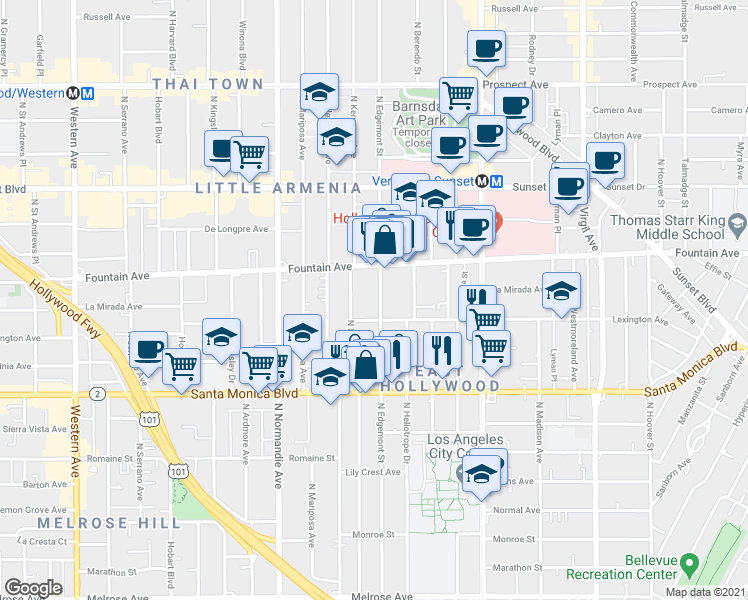 map of restaurants, bars, coffee shops, grocery stores, and more near 1200 North Edgemont Street in Los Angeles