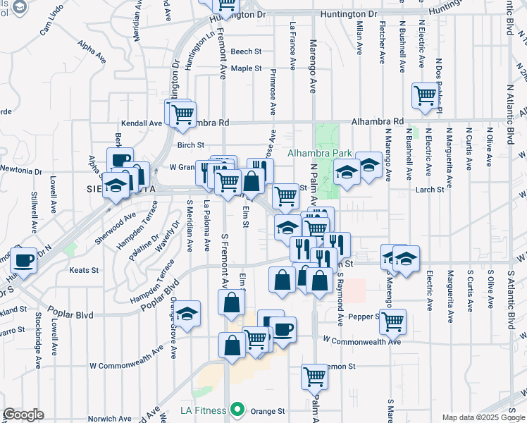 map of restaurants, bars, coffee shops, grocery stores, and more near 2400 West Main Street in Alhambra
