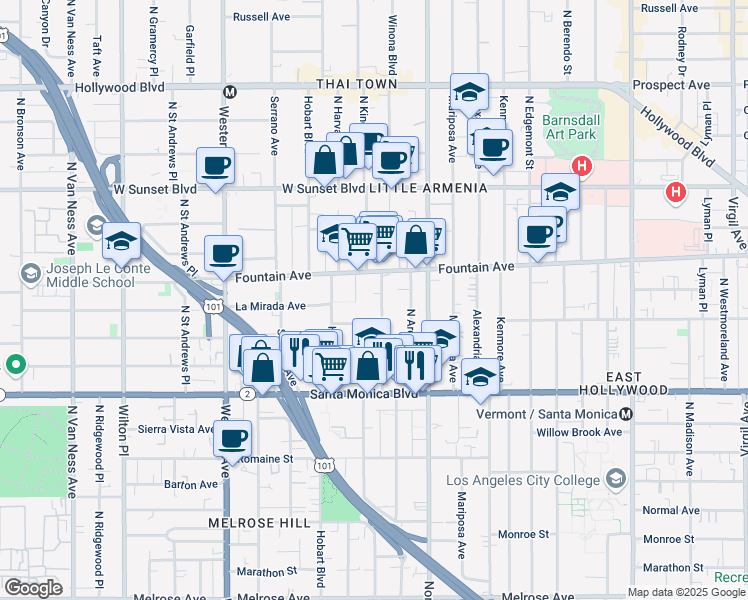 map of restaurants, bars, coffee shops, grocery stores, and more near 5225 Lexington Avenue in Los Angeles