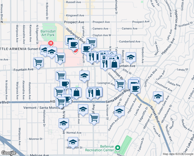 map of restaurants, bars, coffee shops, grocery stores, and more near 1222 North Virgil Avenue in Los Angeles