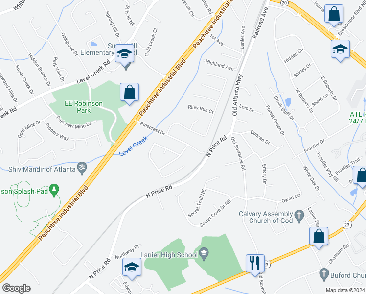 map of restaurants, bars, coffee shops, grocery stores, and more near 4646 Pinecrest Drive in Sugar Hill