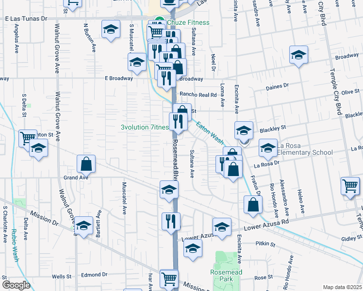 map of restaurants, bars, coffee shops, grocery stores, and more near 5128 Rosemead Boulevard in San Gabriel
