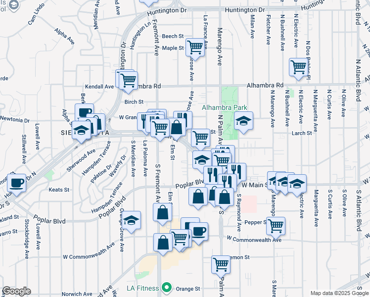 map of restaurants, bars, coffee shops, grocery stores, and more near 2350 West Main Street in Alhambra