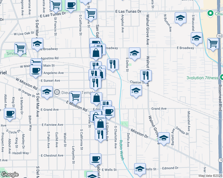 map of restaurants, bars, coffee shops, grocery stores, and more near 636 South Gladys Avenue in San Gabriel