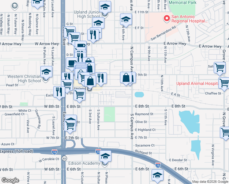 map of restaurants, bars, coffee shops, grocery stores, and more near 120 Olive Avenue in Upland