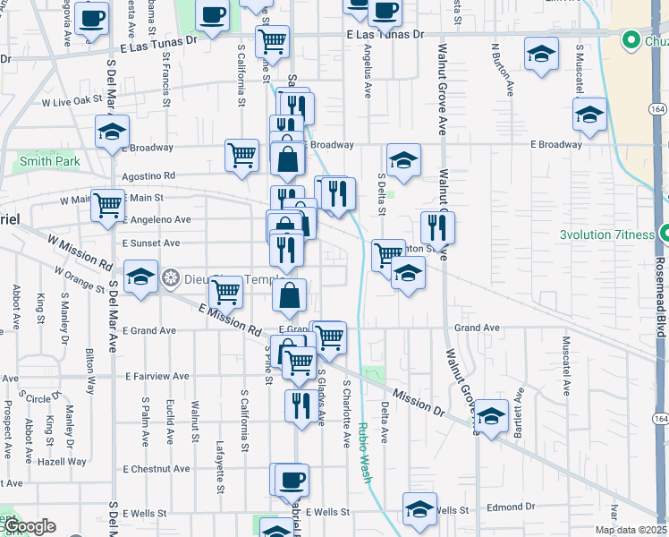 map of restaurants, bars, coffee shops, grocery stores, and more near 640 South Gladys Avenue in San Gabriel