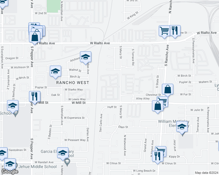 map of restaurants, bars, coffee shops, grocery stores, and more near 494 South Macy Street in San Bernardino