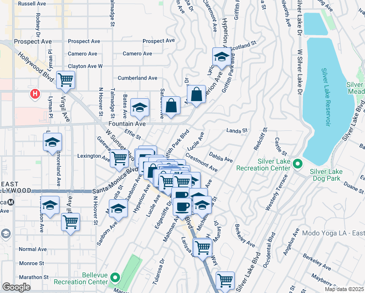 map of restaurants, bars, coffee shops, grocery stores, and more near 3651 Crestmont Avenue in Los Angeles