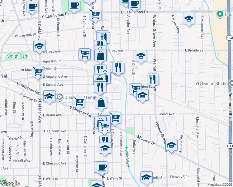 map of restaurants, bars, coffee shops, grocery stores, and more near 640 South Gladys Avenue in San Gabriel