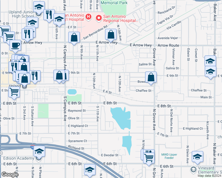 map of restaurants, bars, coffee shops, grocery stores, and more near 114 North 12th Avenue in Upland