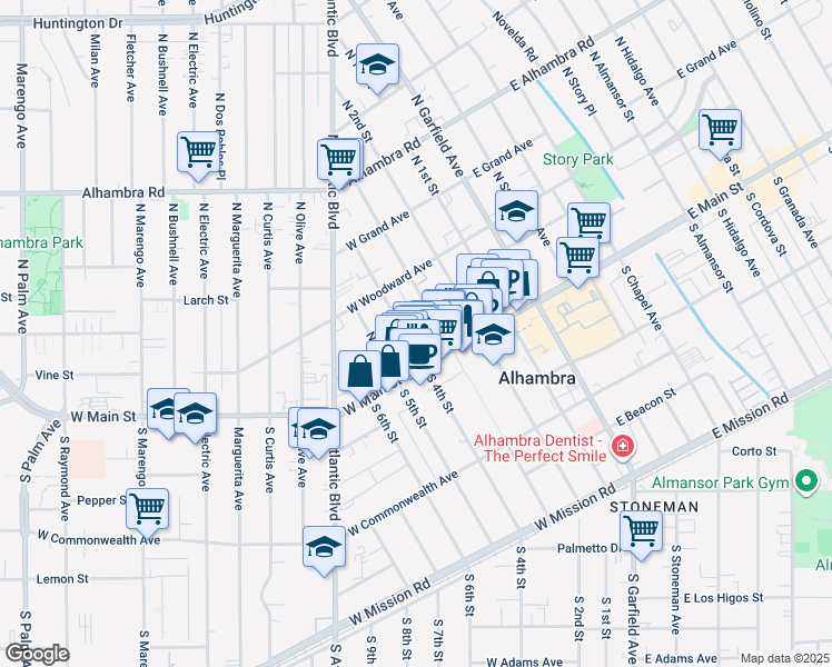 map of restaurants, bars, coffee shops, grocery stores, and more near 28 North 4th Street in Alhambra