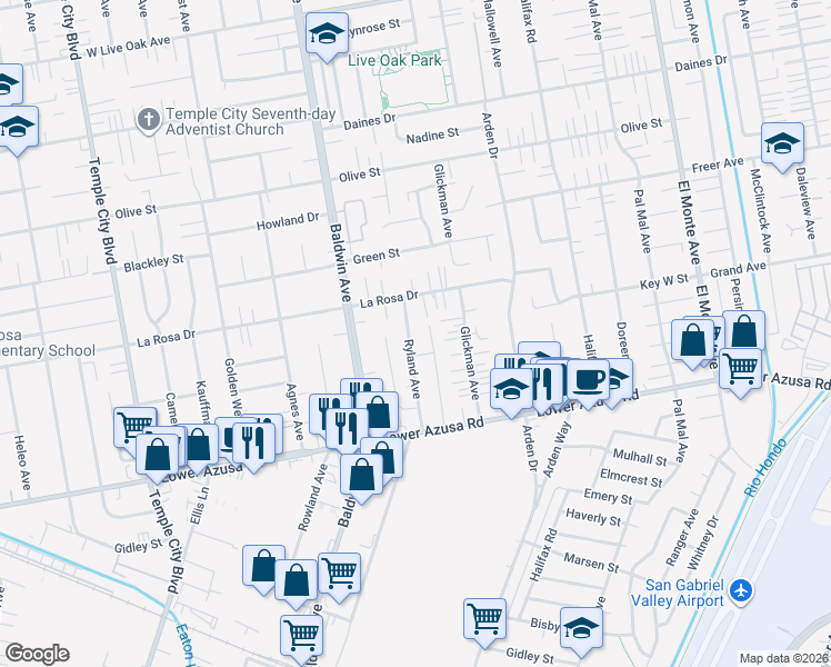 map of restaurants, bars, coffee shops, grocery stores, and more near 4934 Ryland Avenue in Temple City