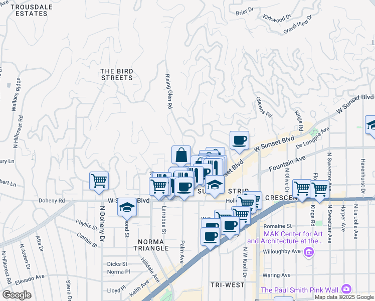 map of restaurants, bars, coffee shops, grocery stores, and more near 8718 Saint Ives Drive in Los Angeles