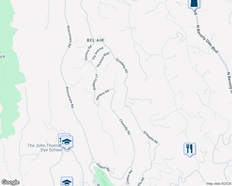 map of restaurants, bars, coffee shops, grocery stores, and more near 1160 Chantilly Road in Los Angeles