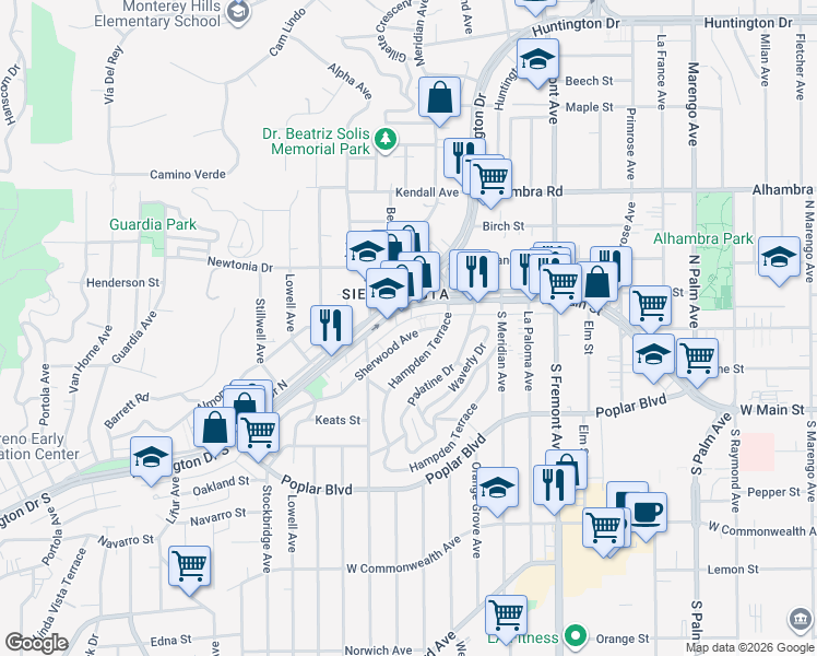 map of restaurants, bars, coffee shops, grocery stores, and more near 3033 Sherwood Avenue in Alhambra