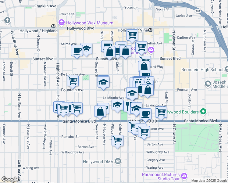 map of restaurants, bars, coffee shops, grocery stores, and more near 6500 Fountain Avenue in Los Angeles