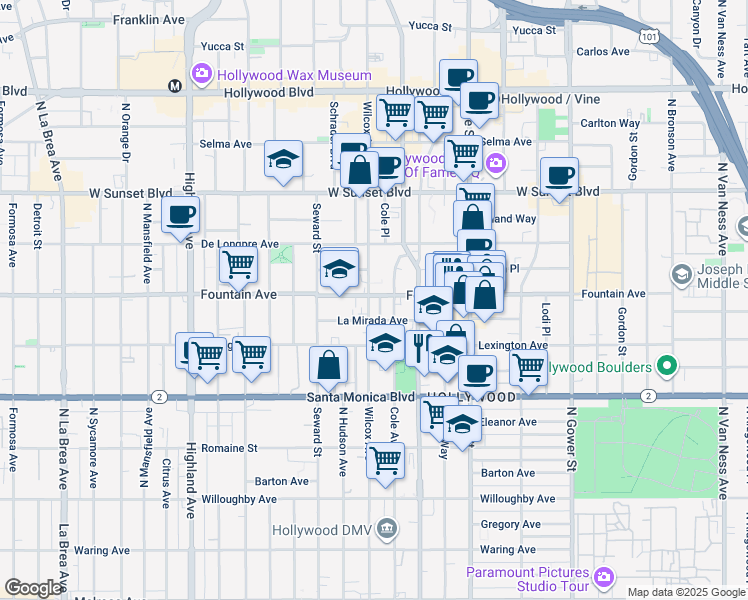 map of restaurants, bars, coffee shops, grocery stores, and more near 6500 Fountain Avenue in Los Angeles