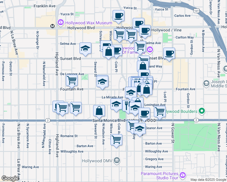 map of restaurants, bars, coffee shops, grocery stores, and more near 6500 Fountain Avenue in Los Angeles