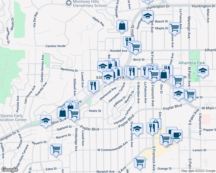 map of restaurants, bars, coffee shops, grocery stores, and more near 3106 Sherwood Avenue in Alhambra