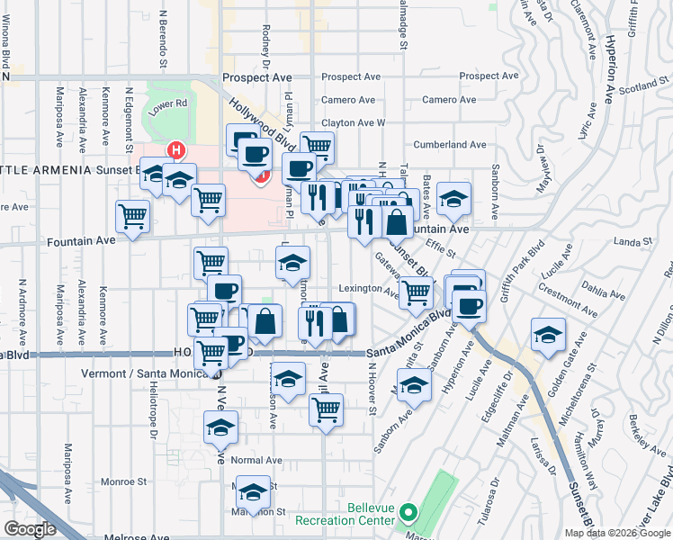 map of restaurants, bars, coffee shops, grocery stores, and more near 1222 North Virgil Avenue in Los Angeles