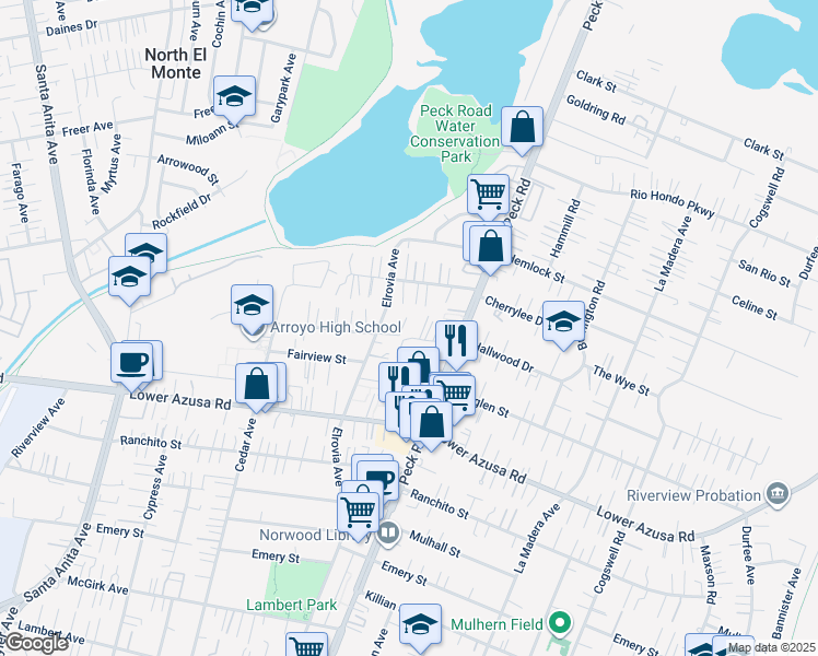 map of restaurants, bars, coffee shops, grocery stores, and more near 5010 Pamela Avenue in El Monte