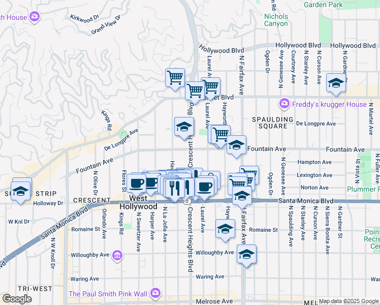 map of restaurants, bars, coffee shops, grocery stores, and more near 1288 North Crescent Heights Boulevard in West Hollywood