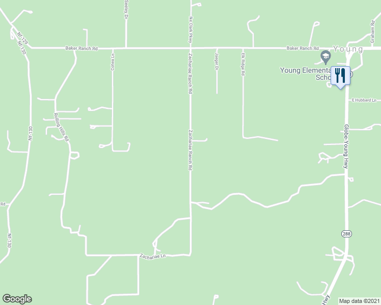map of restaurants, bars, coffee shops, grocery stores, and more near Zachariae Ranch Road in Young