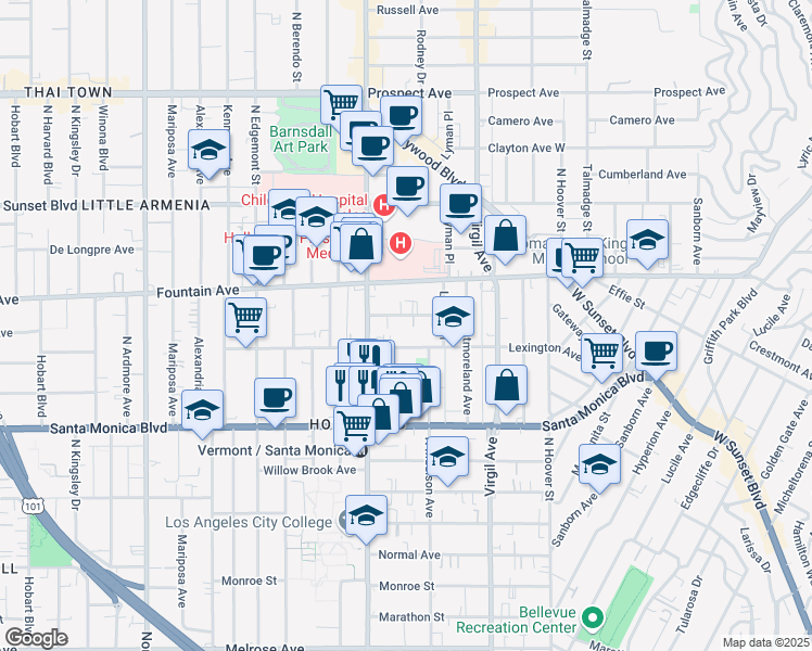 map of restaurants, bars, coffee shops, grocery stores, and more near 6410 1/2 La Mirada Avenue in Los Angeles