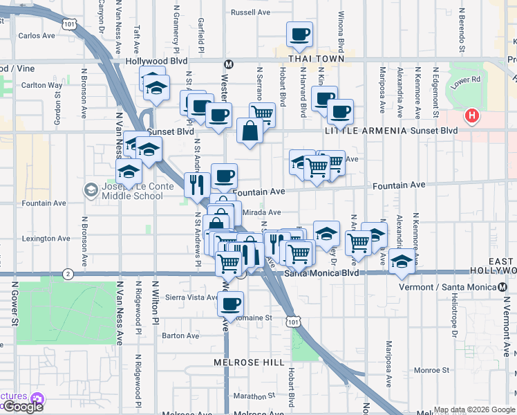 map of restaurants, bars, coffee shops, grocery stores, and more near 5409 La Mirada Avenue in Los Angeles